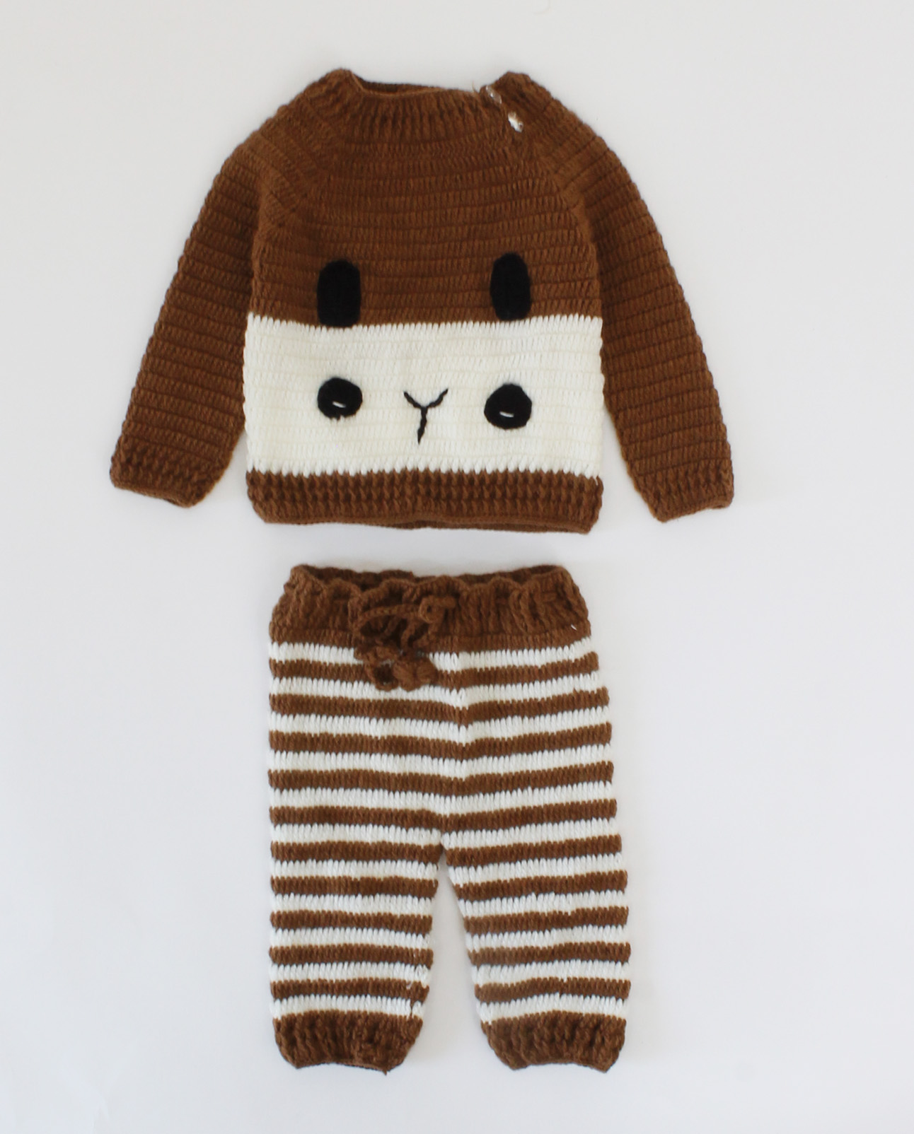 Handmade Crochet Full Sleeves Face Detailing Sweater With Striped Pant-Brown