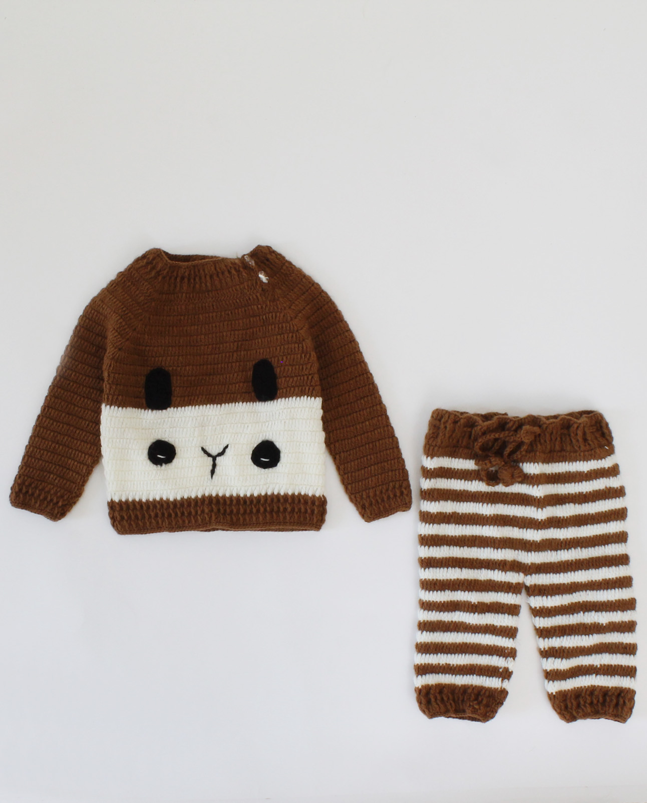 Handmade Crochet Full Sleeves Face Detailing Sweater With Striped Pant-Brown
