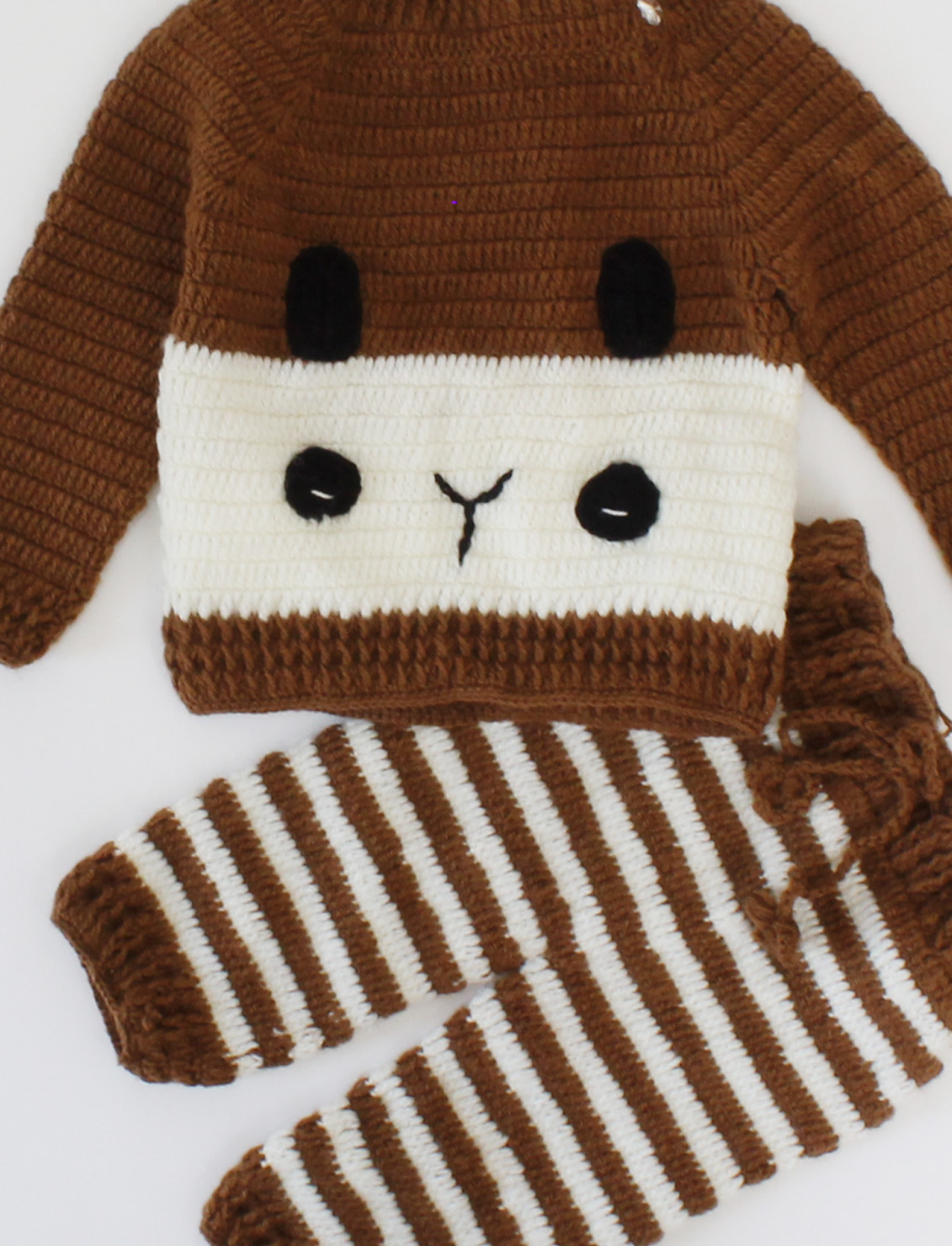 Handmade Crochet Full Sleeves Face Detailing Sweater With Striped Pant-Brown
