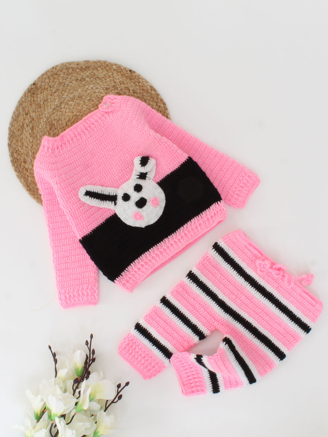 Handmade Full Sleeves Bunny Design Crochet Sweater With Striped Pant-Pink & Black