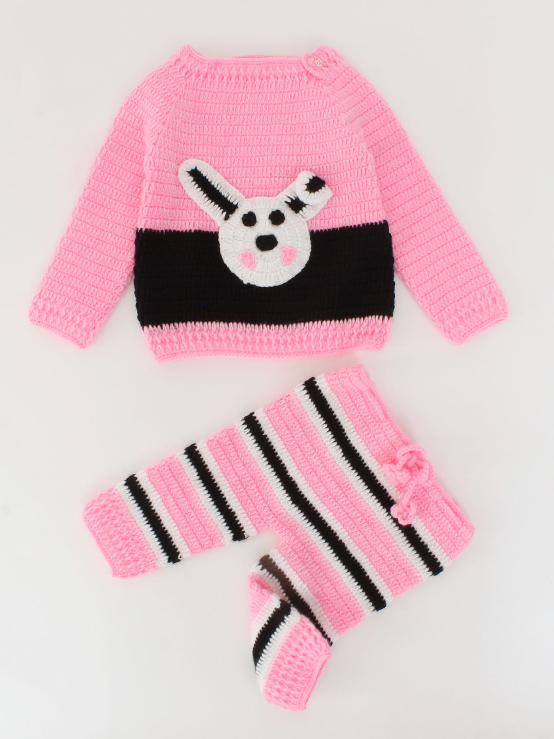 Handmade Full Sleeves Bunny Design Crochet Sweater With Striped Pant-Pink & Black