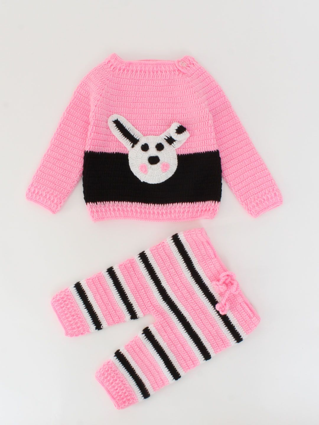 Handmade Full Sleeves Bunny Design Crochet Sweater With Striped Pant-Pink & Black