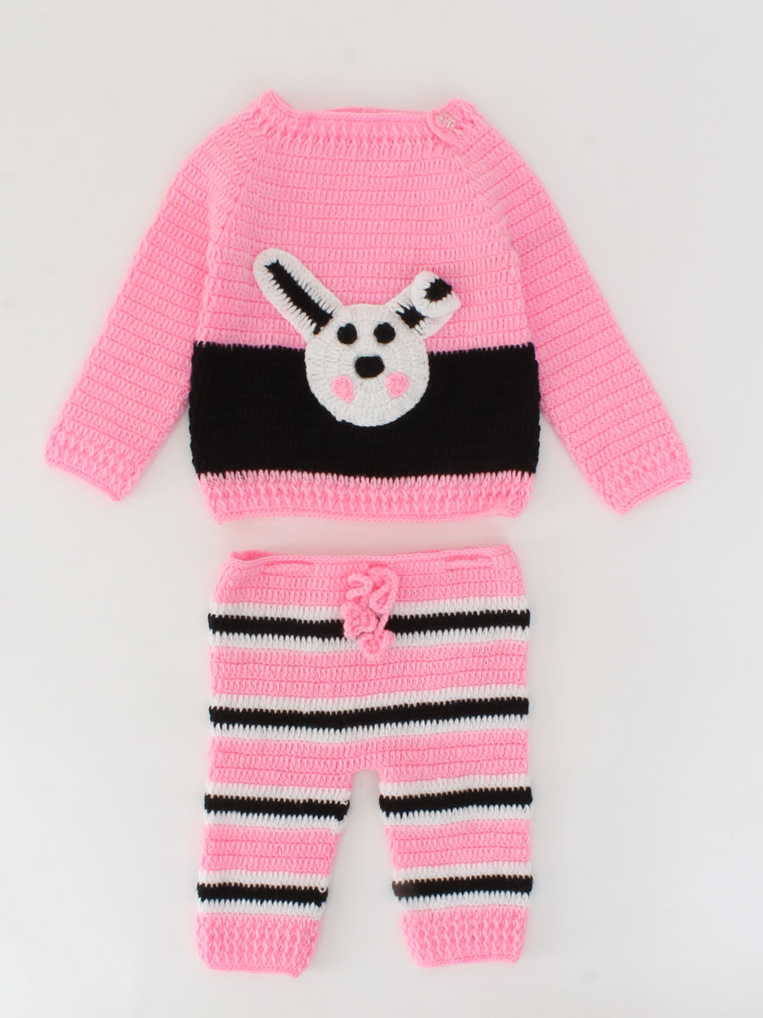Handmade Full Sleeves Bunny Design Crochet Sweater With Striped Pant-Pink & Black