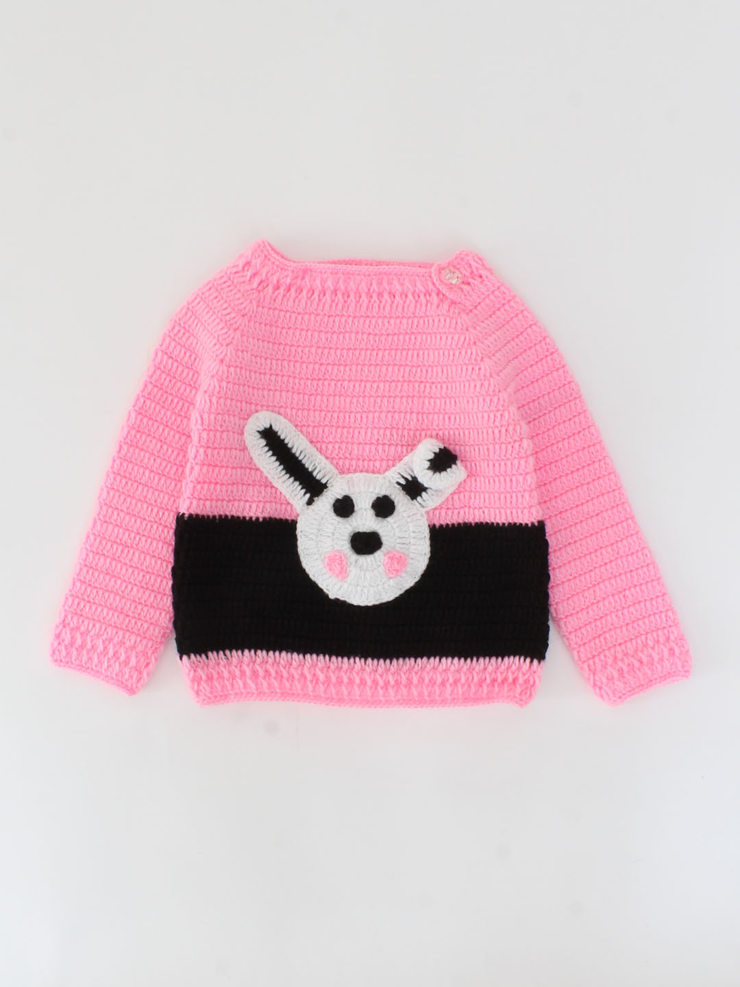 Handmade Full Sleeves Bunny Design Crochet Sweater With Striped Pant-Pink & Black