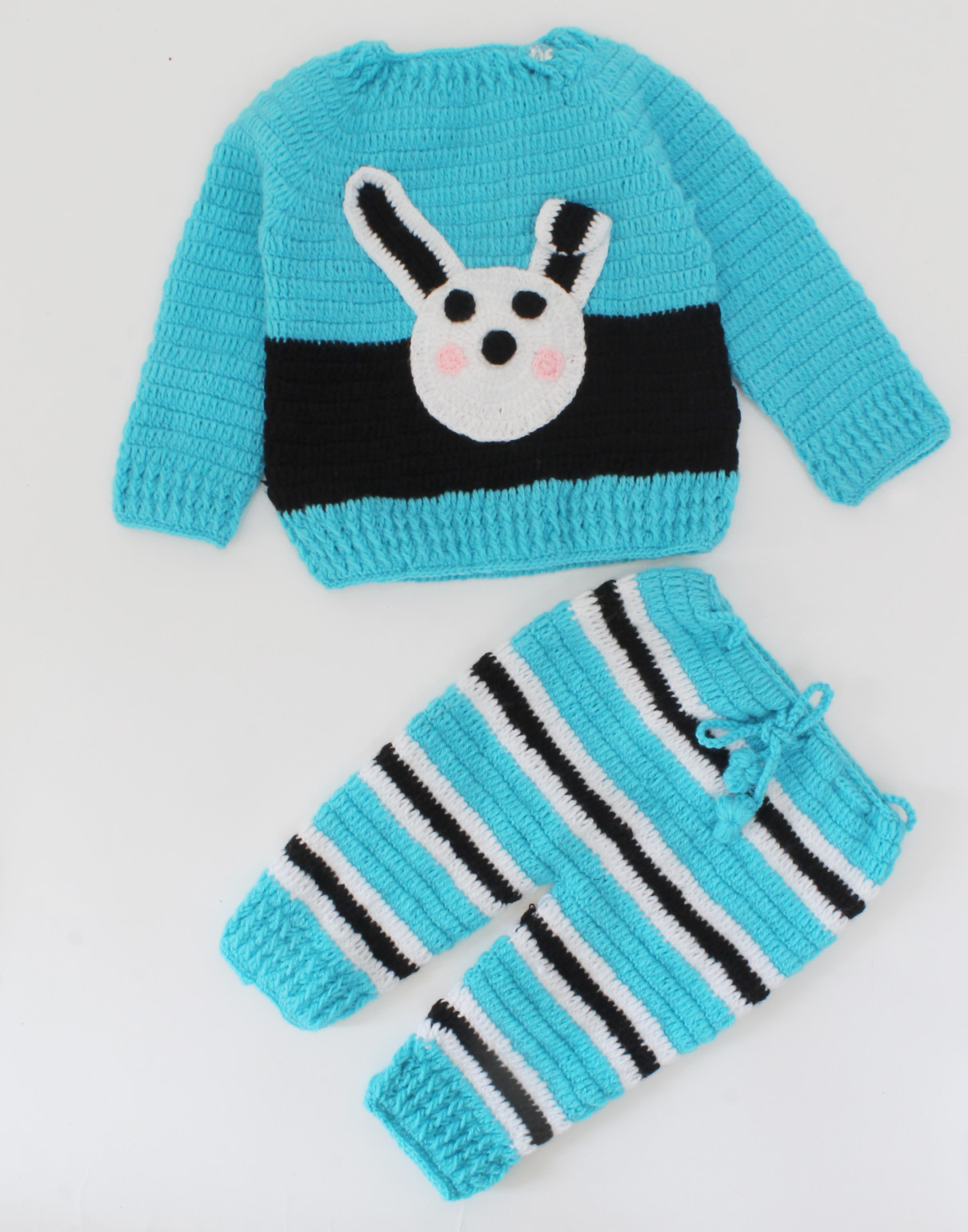 Handmade Crochet Full Sleeves Bunny Design Sweater With Striped Pant-Blue & Black
