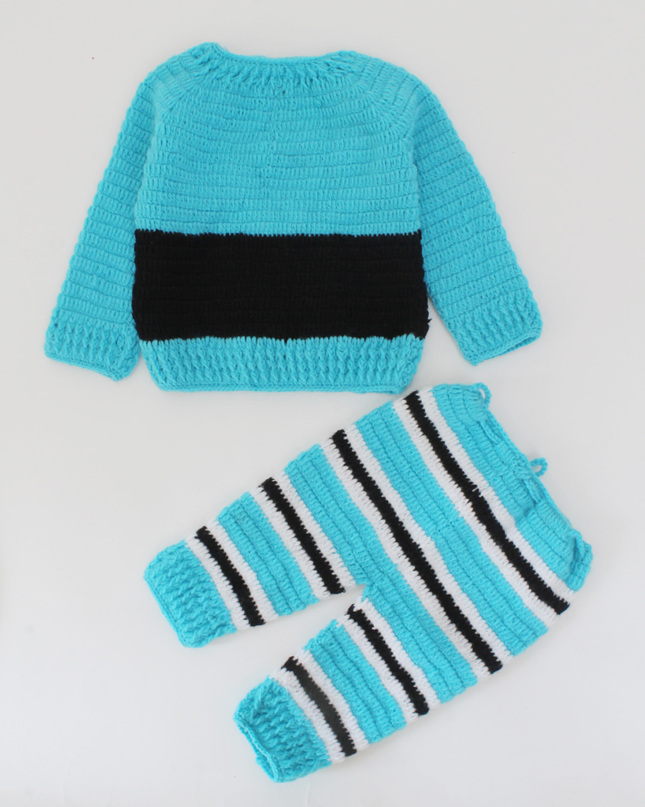 Handmade Crochet Full Sleeves Bunny Design Sweater With Striped Pant-Blue & Black