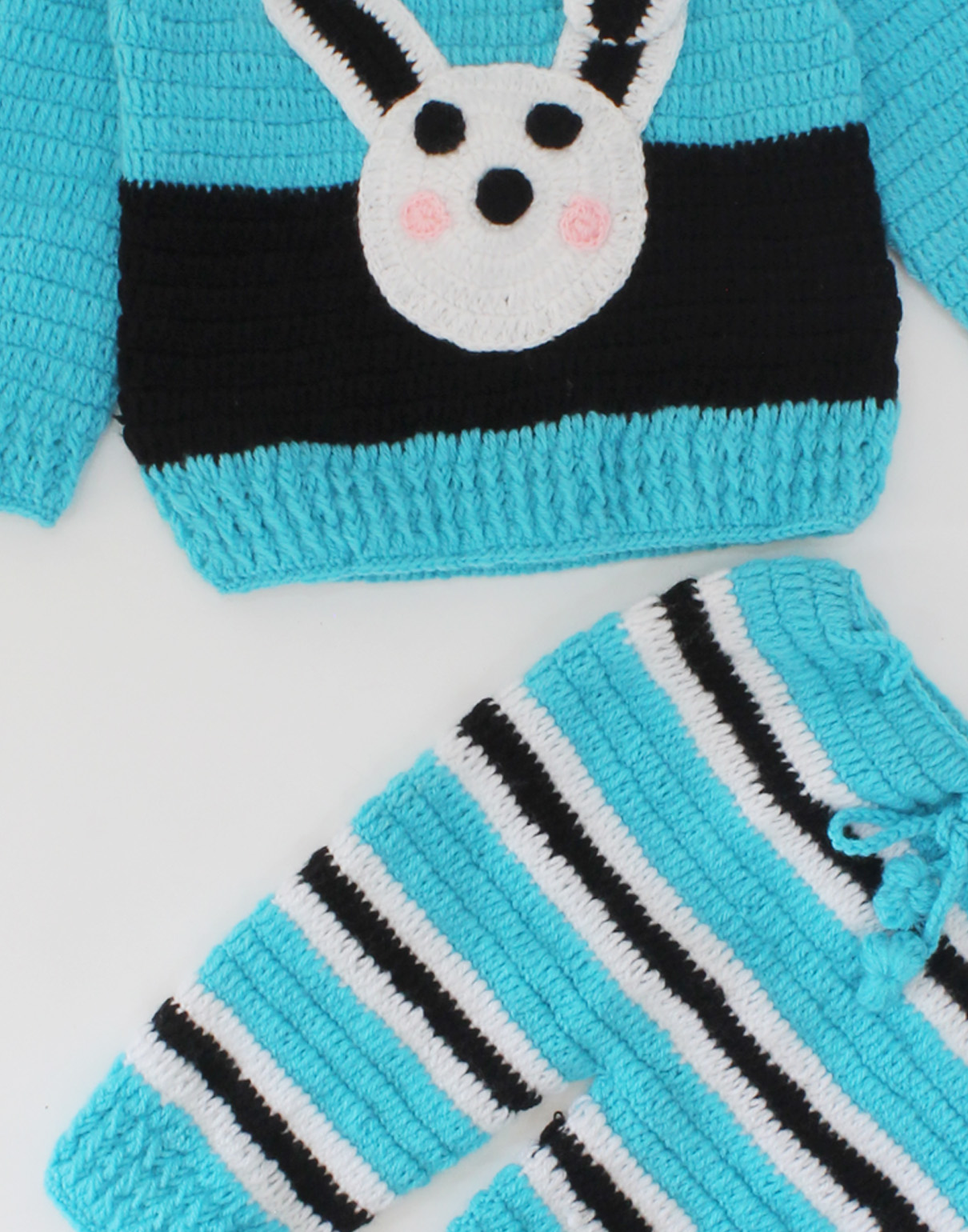 Handmade Crochet Full Sleeves Bunny Design Sweater With Striped Pant-Blue & Black