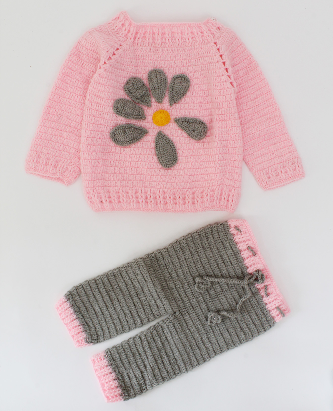 Handmade Full Sleeves Petals Design Sweater With Drawstring Detail Bottom-Pink & Grey