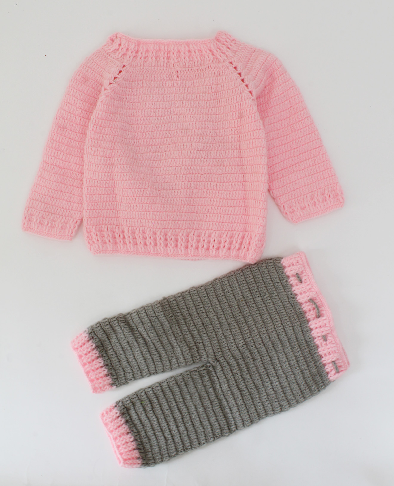 Handmade Full Sleeves Petals Design Sweater With Drawstring Detail Bottom-Pink & Grey