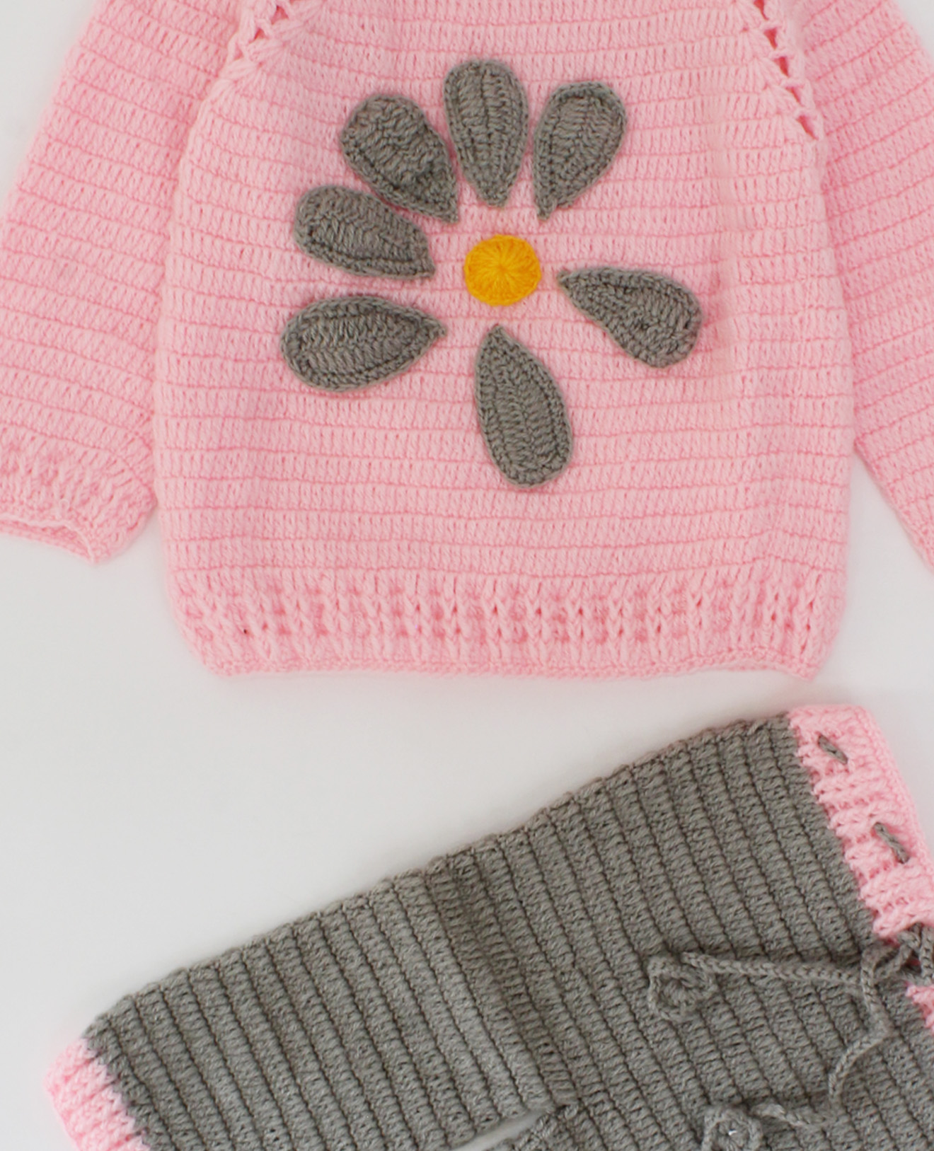 Handmade Full Sleeves Petals Design Sweater With Drawstring Detail Bottom-Pink & Grey