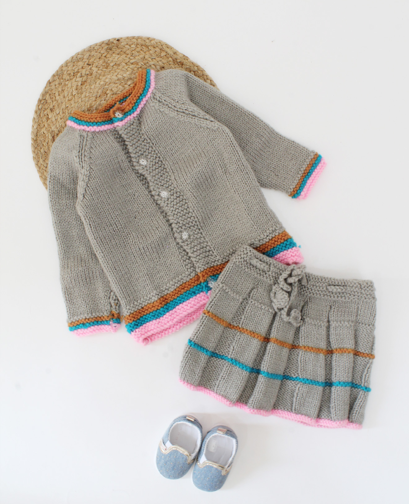 Handmade Knitted Full Sleeves Self Design Sweater With drawstring Skirt- Grey