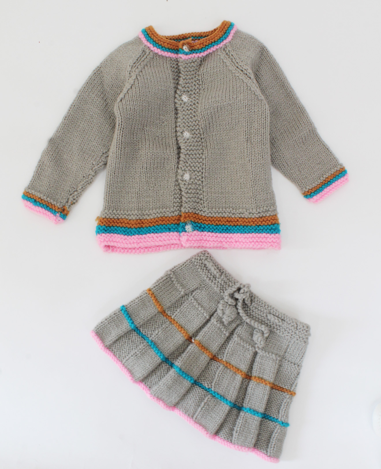 Handmade Knitted Full Sleeves Self Design Sweater With drawstring Skirt- Grey
