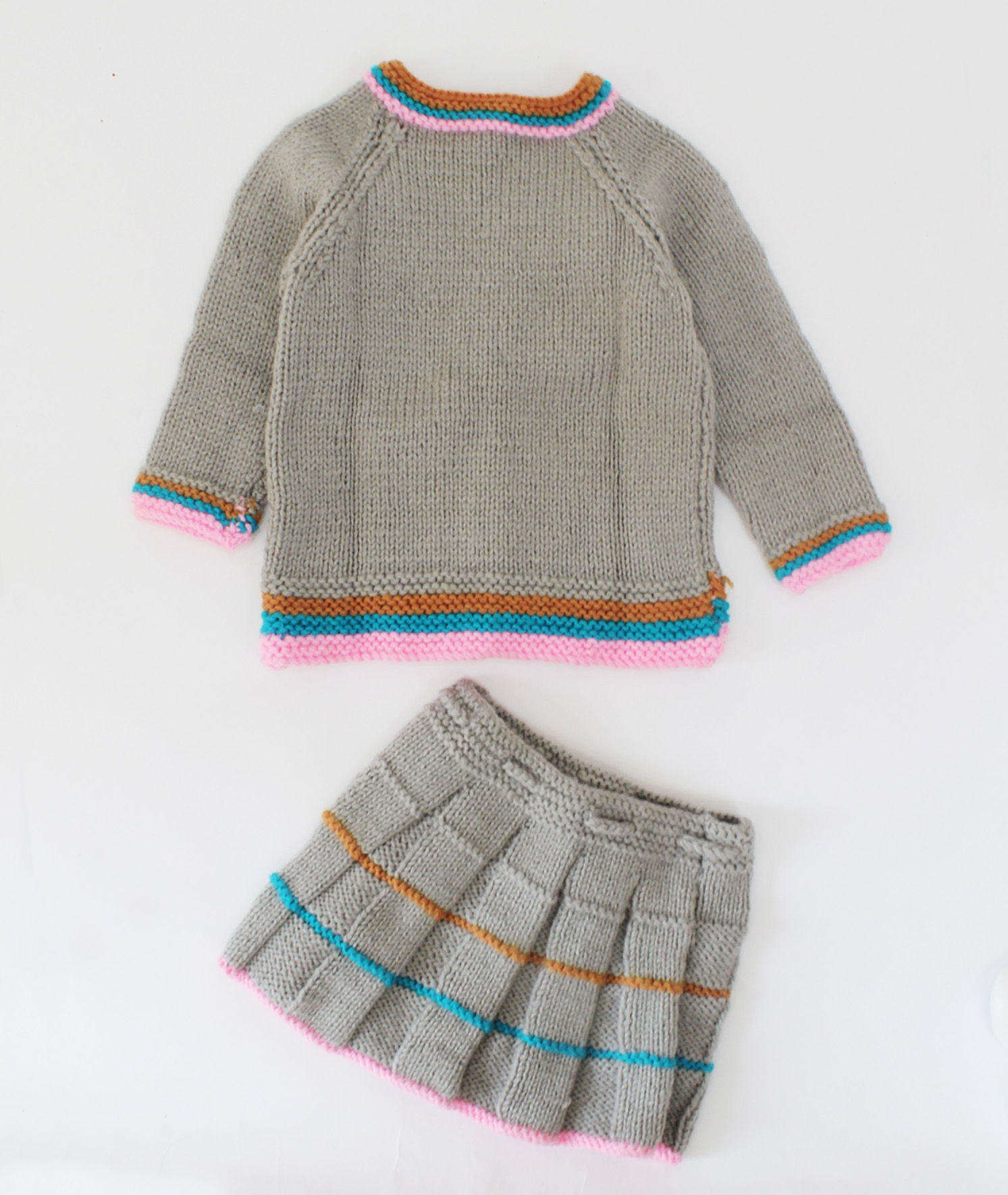 Handmade Knitted Full Sleeves Self Design Sweater With drawstring Skirt- Grey