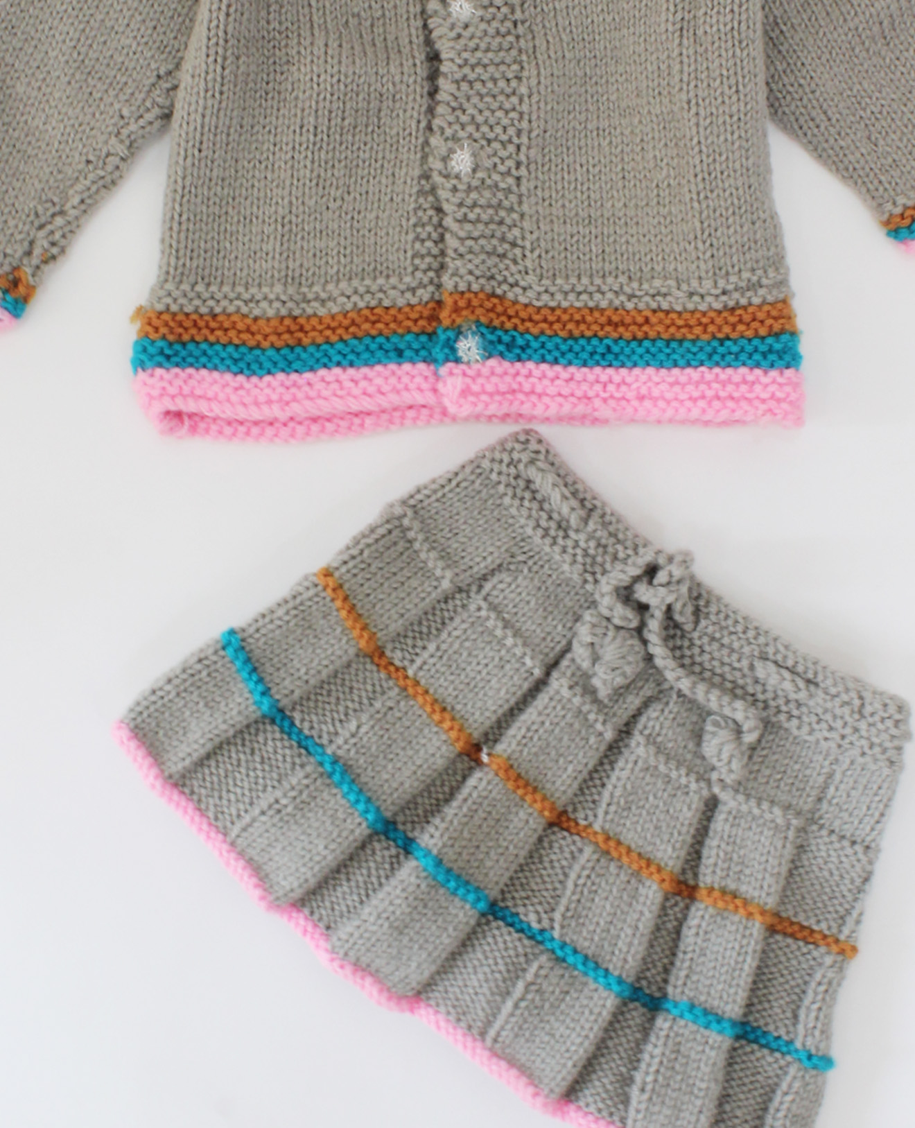 Handmade Knitted Full Sleeves Self Design Sweater With drawstring Skirt- Grey