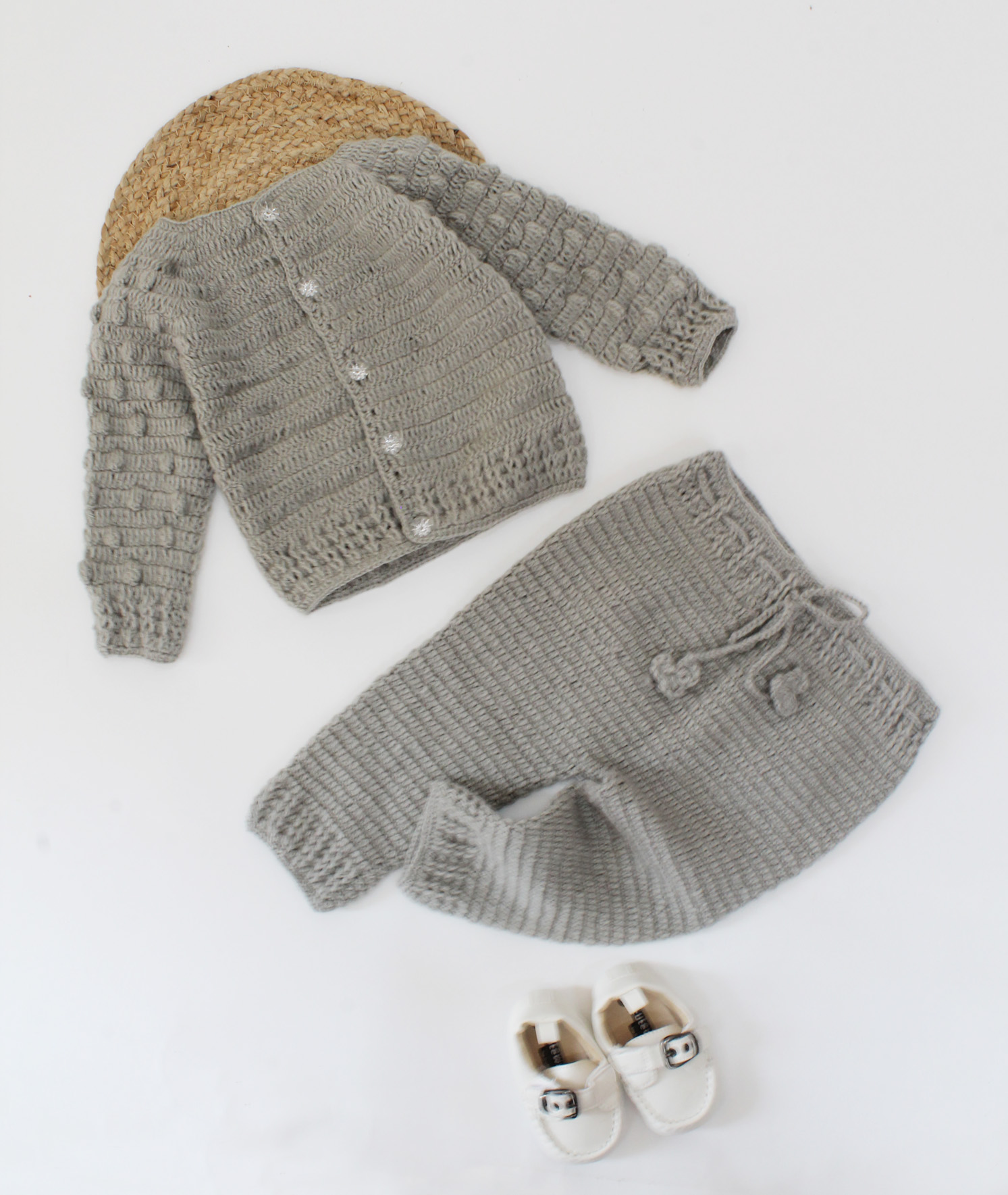 Handmade Knitted Full Sleeves Self Bubbles Design Sweater With Drawstring Detail Bottom- Grey
