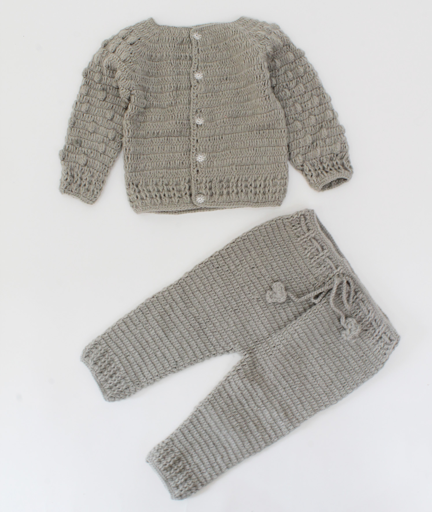 Handmade Knitted Full Sleeves Self Bubbles Design Sweater With Drawstring Detail Bottom- Grey