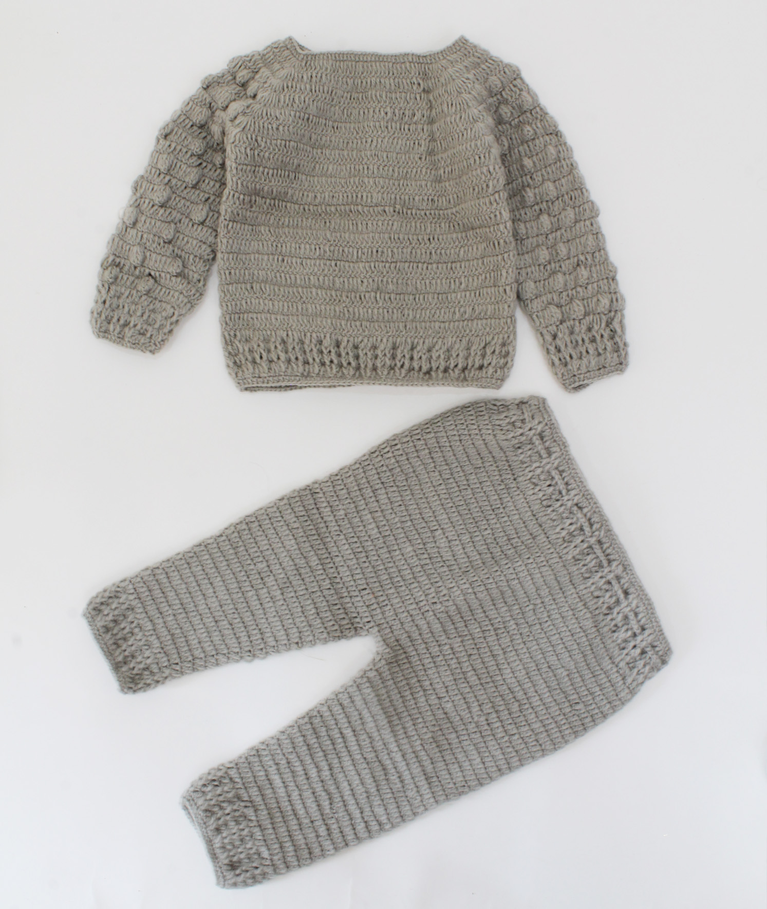 Handmade Knitted Full Sleeves Self Bubbles Design Sweater With Drawstring Detail Bottom- Grey