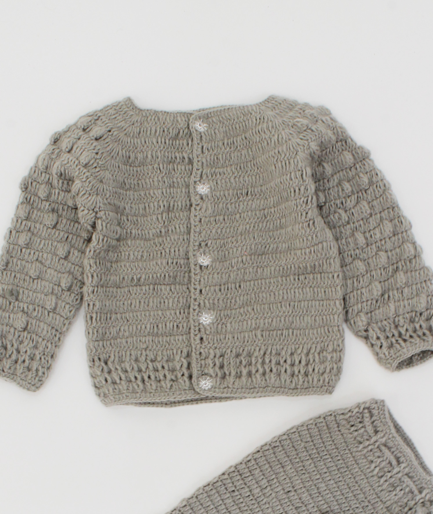 Handmade Knitted Full Sleeves Self Bubbles Design Sweater With Drawstring Detail Bottom- Grey