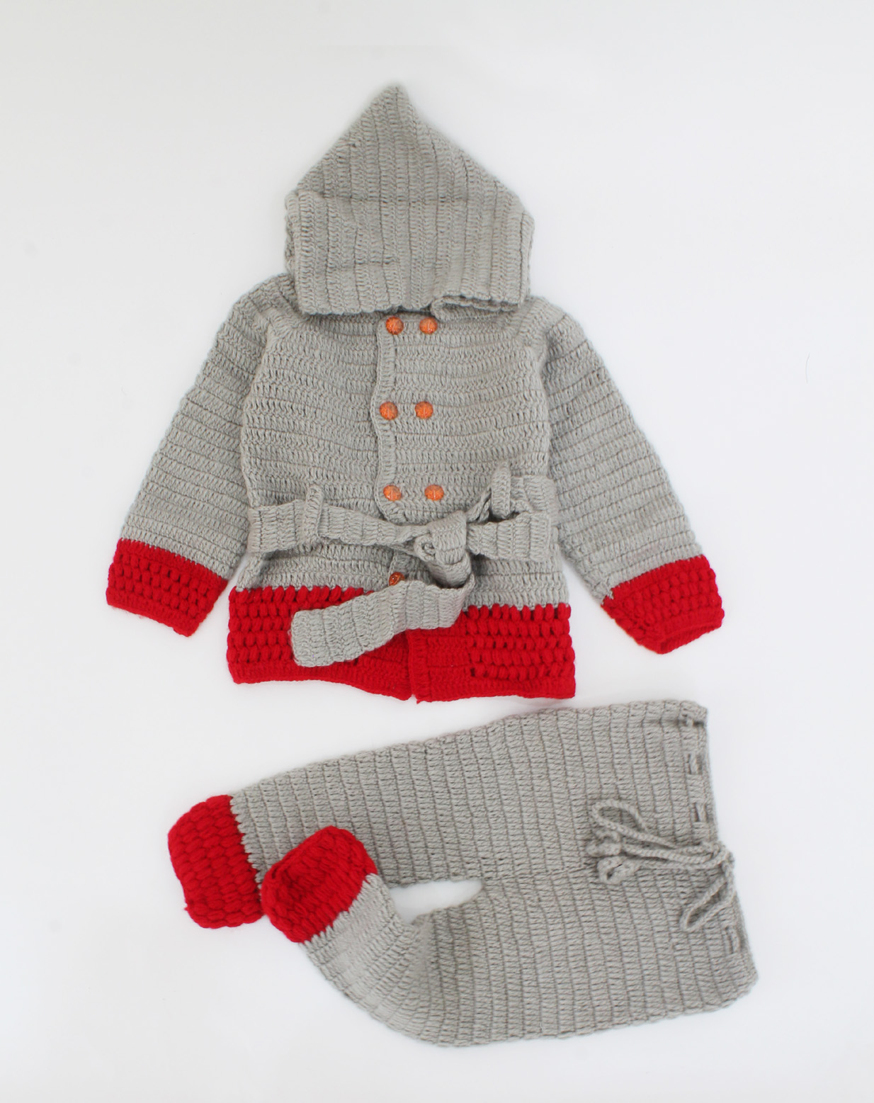 Handmade Crochet Full Sleeves Dual Colour Hooded Sweater With Drawstring Detail Bottom- Grey & Red