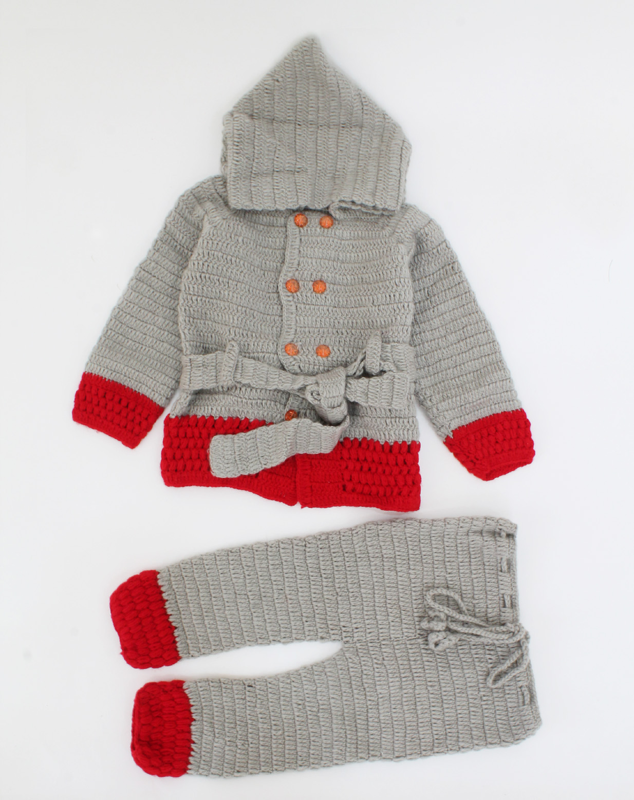 Handmade Crochet Full Sleeves Dual Colour Hooded Sweater With Drawstring Detail Bottom- Grey & Red