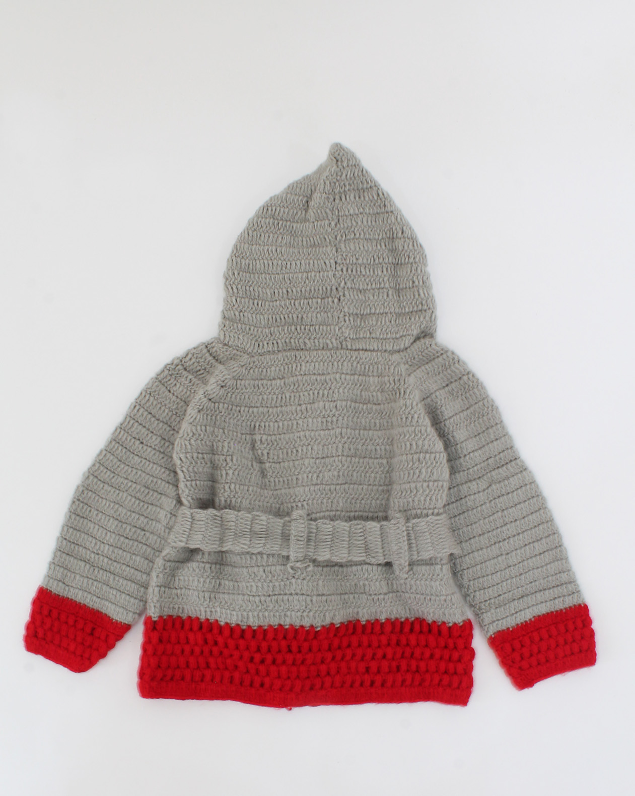 Handmade Crochet Full Sleeves Dual Colour Hooded Sweater With Drawstring Detail Bottom- Grey & Red