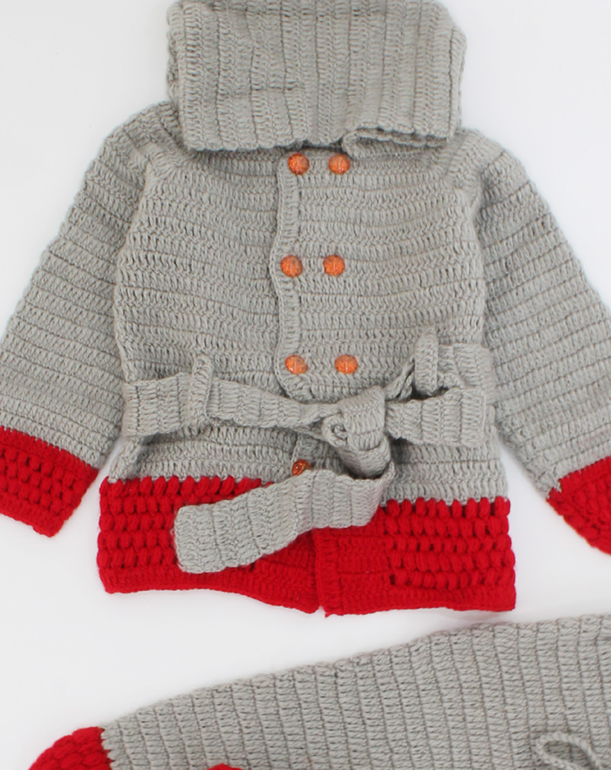 Handmade Crochet Full Sleeves Dual Colour Hooded Sweater With Drawstring Detail Bottom- Grey & Red