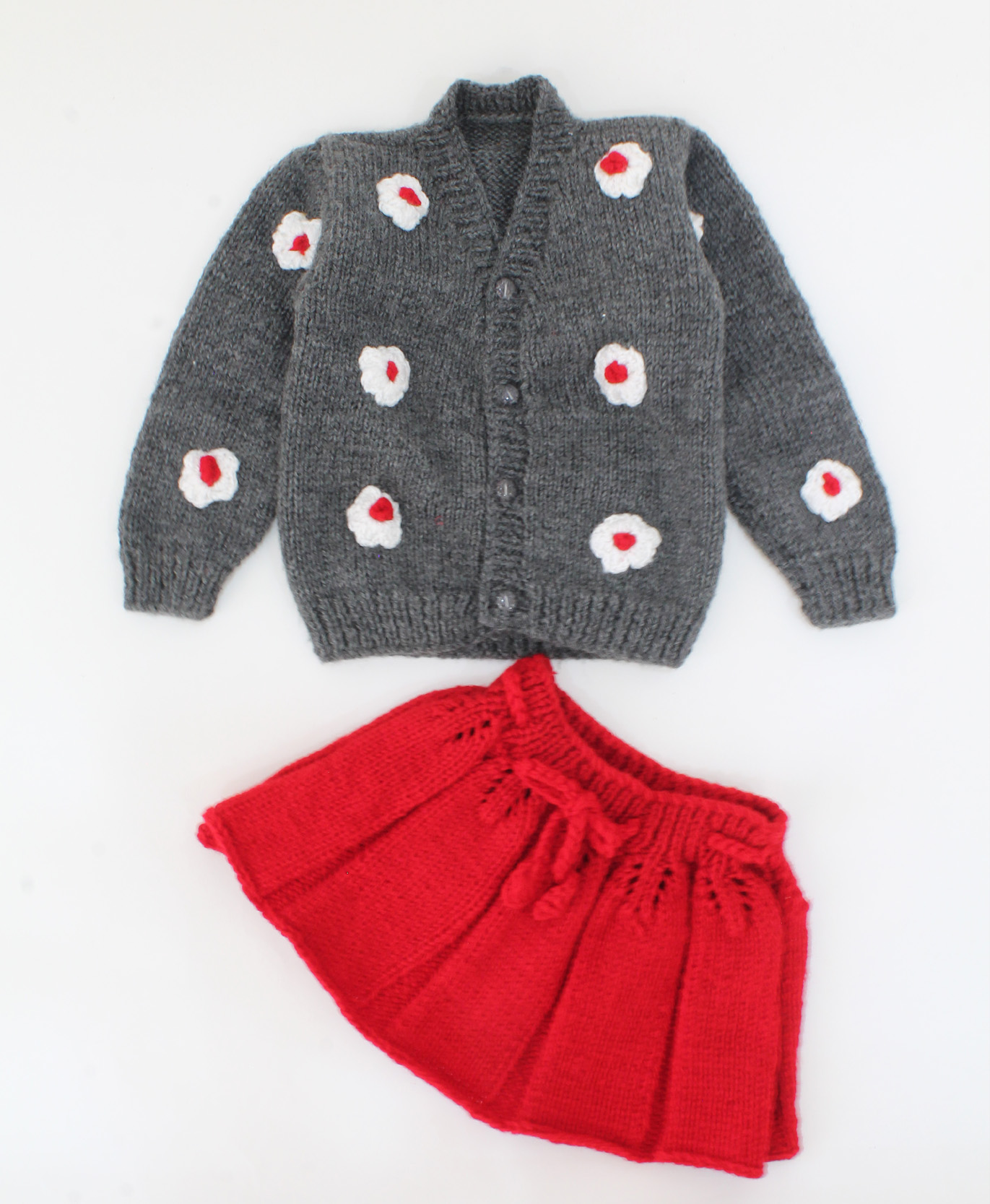 Handmade Knitted Floral Design Full Sleeves Sweater With drawstring Skirt- Grey & Red