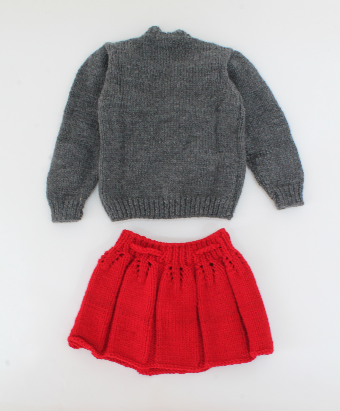 Handmade Knitted Floral Design Full Sleeves Sweater With drawstring Skirt- Grey & Red