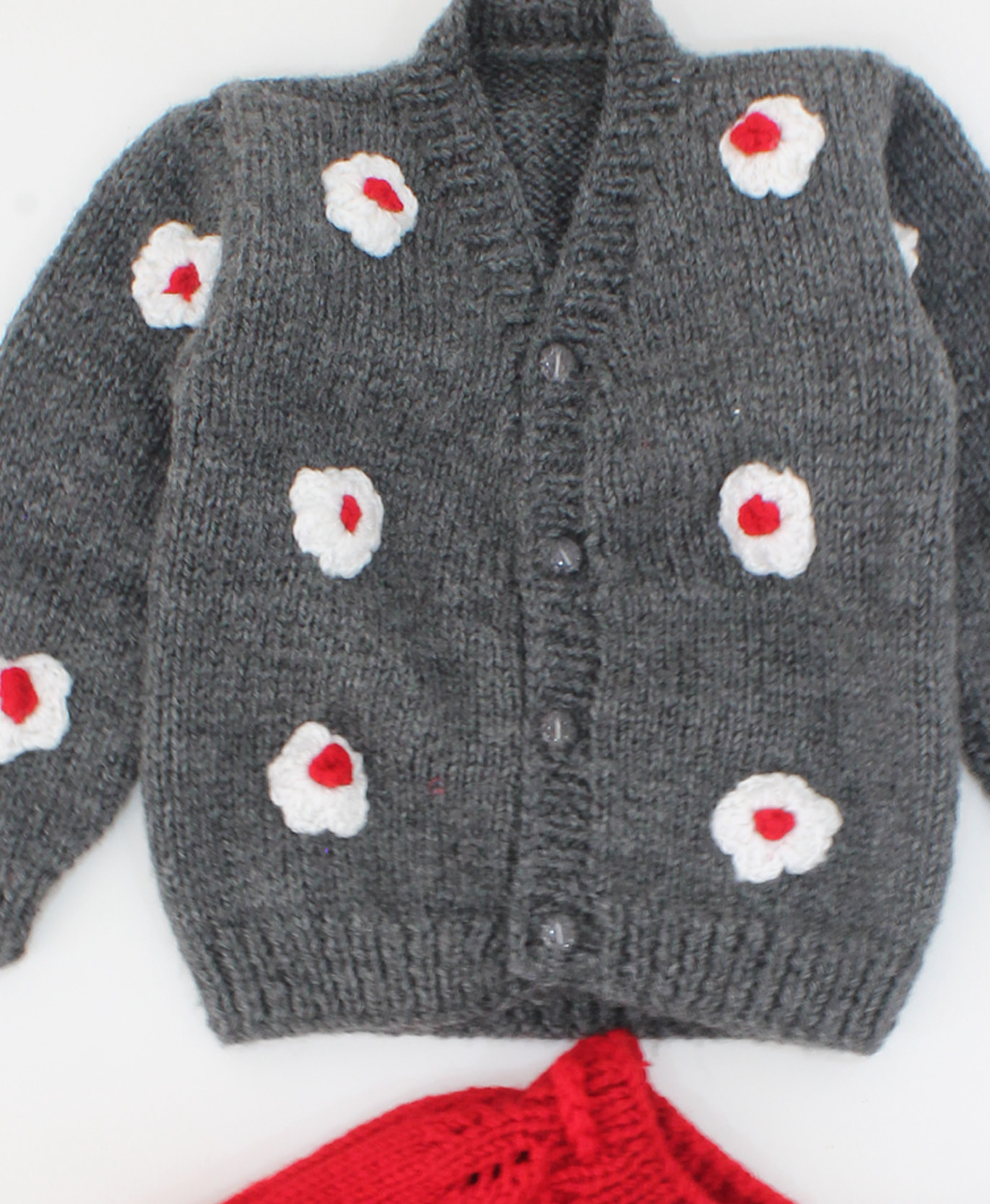 Handmade Knitted Floral Design Full Sleeves Sweater With drawstring Skirt- Grey & Red