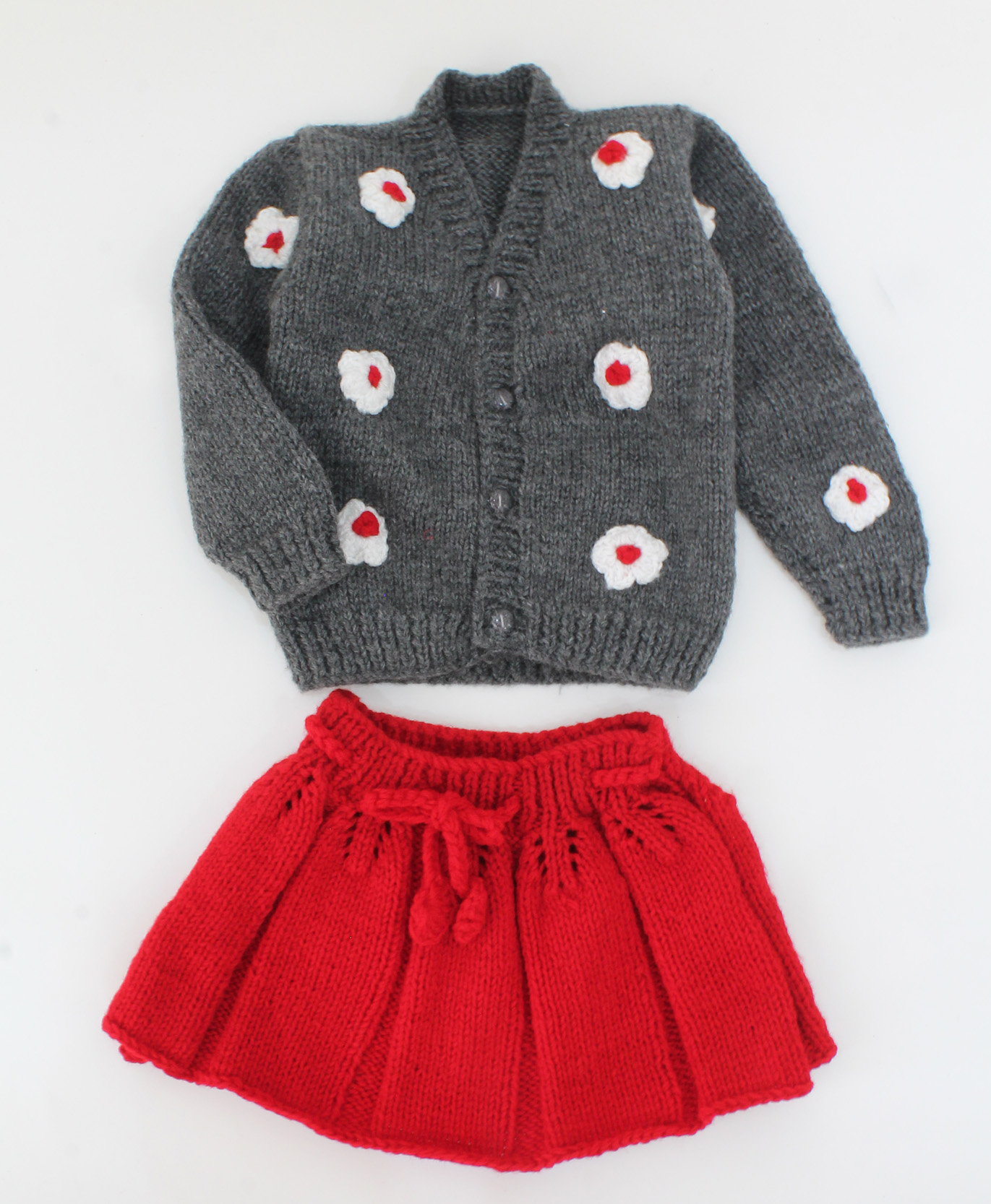 Handmade Knitted Floral Design Full Sleeves Sweater With drawstring Skirt- Grey & Red
