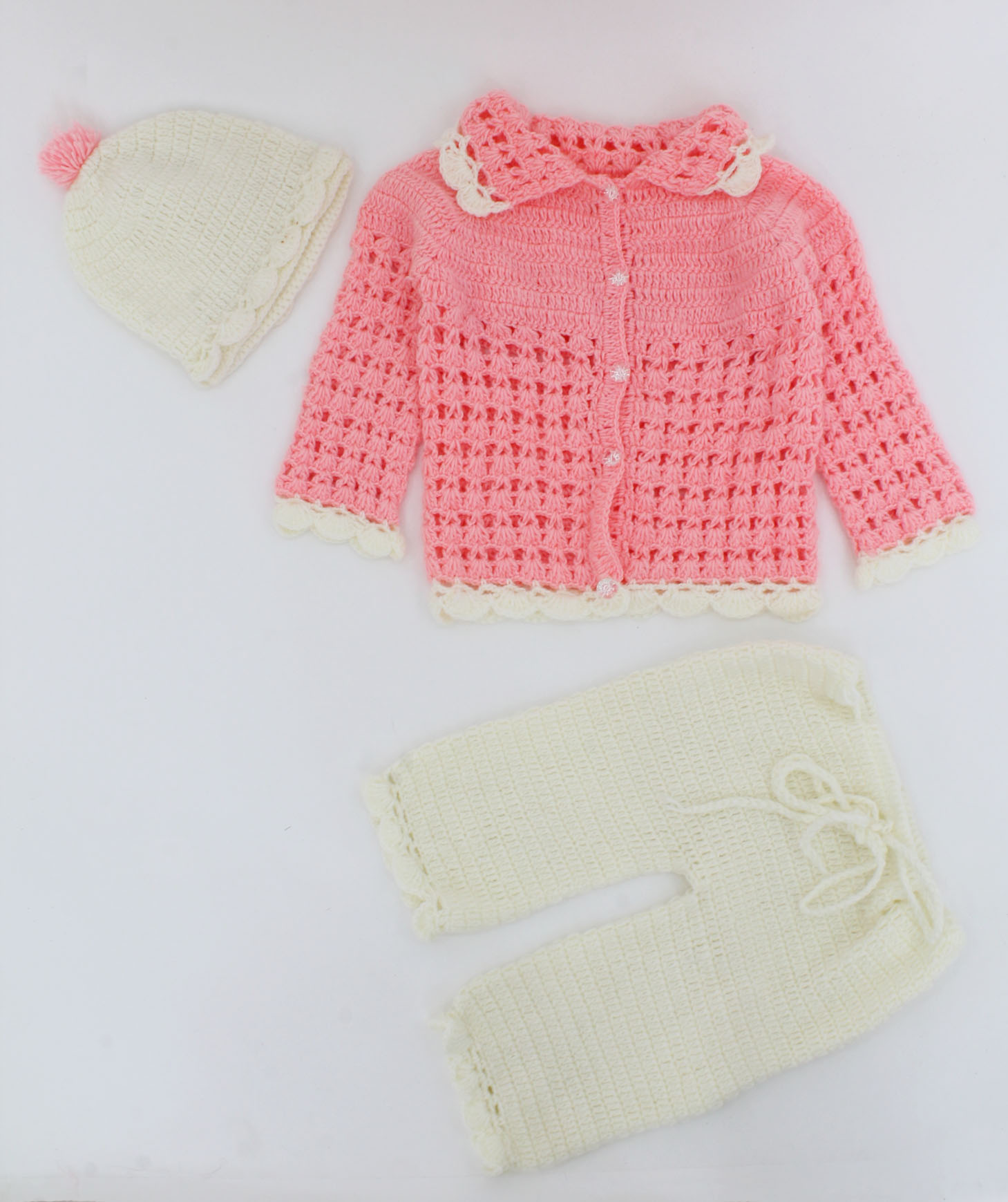 Handmade Crochet Front Openable Sweater With Drawstring Detail Bottom & Cap-Peach & Off-White