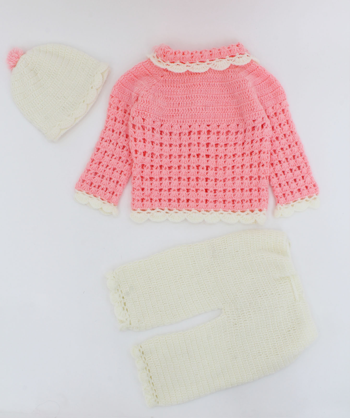 Handmade Crochet Front Openable Sweater With Drawstring Detail Bottom & Cap-Peach & Off-White