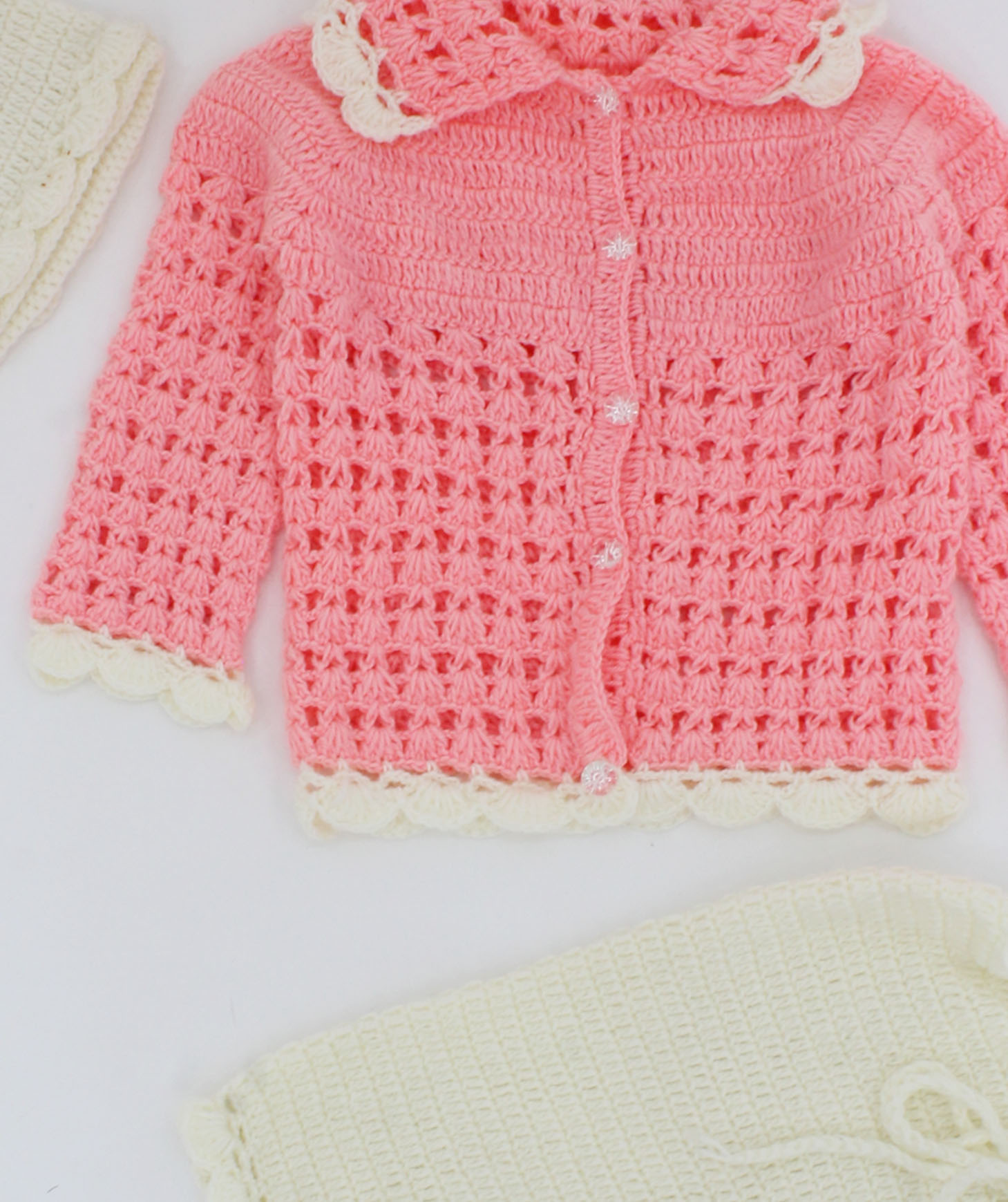 Handmade Crochet Front Openable Sweater With Drawstring Detail Bottom & Cap-Peach & Off-White