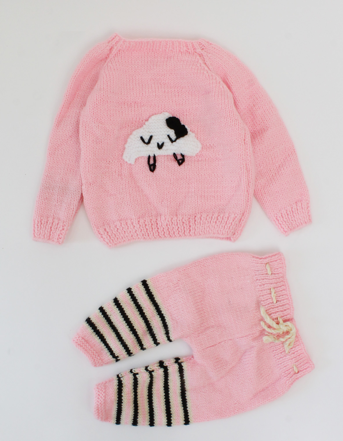 Woonie Handmade Cloud Detailing Knitting Sweater With Drawstring Striped Pant-Pink