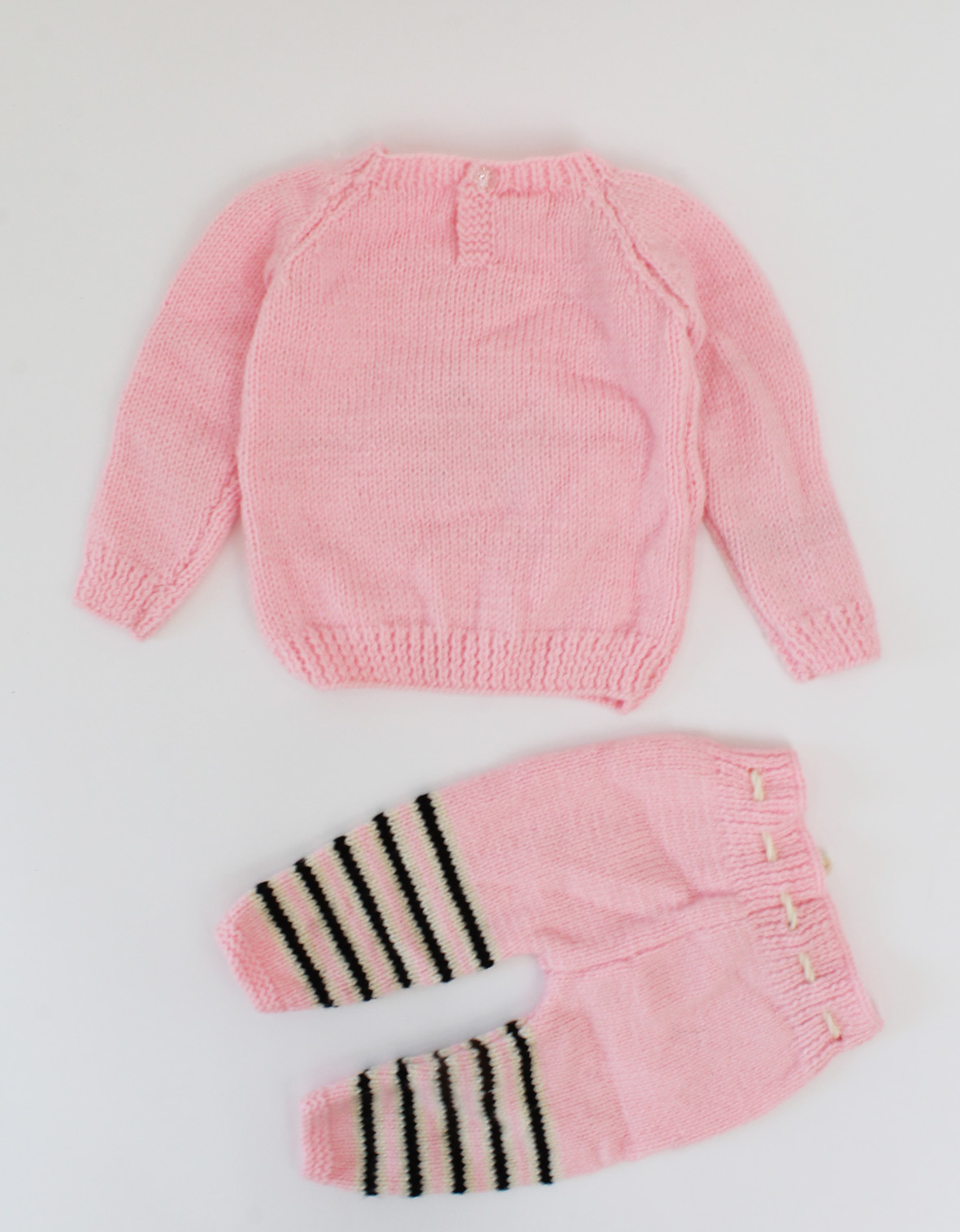 Woonie Handmade Cloud Detailing Knitting Sweater With Drawstring Striped Pant-Pink