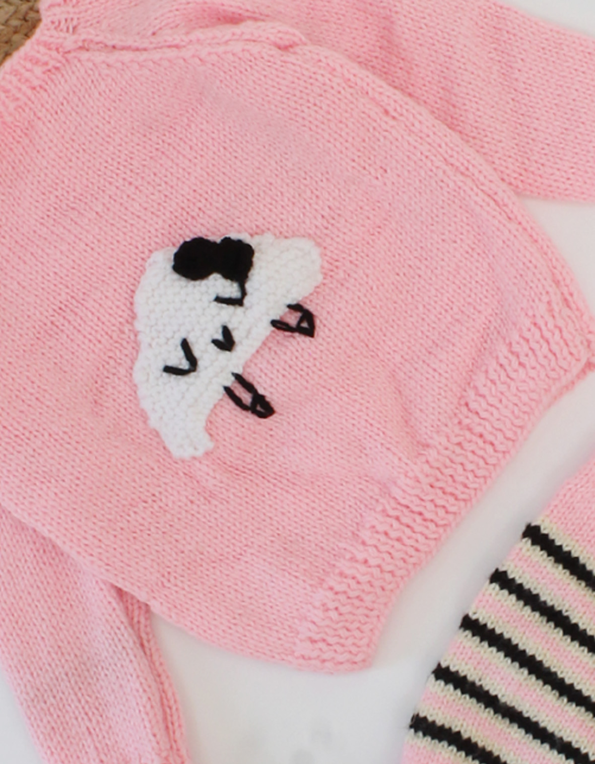 Woonie Handmade Cloud Detailing Knitting Sweater With Drawstring Striped Pant-Pink