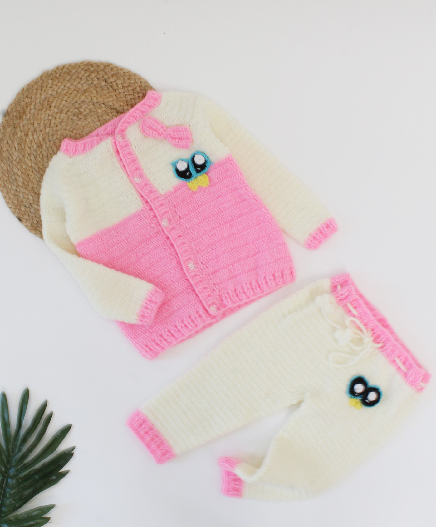 Woonie Handmade Crochet Bow Detailing Dual Colour Sweater With Drawstring Detail Bottom- Pink