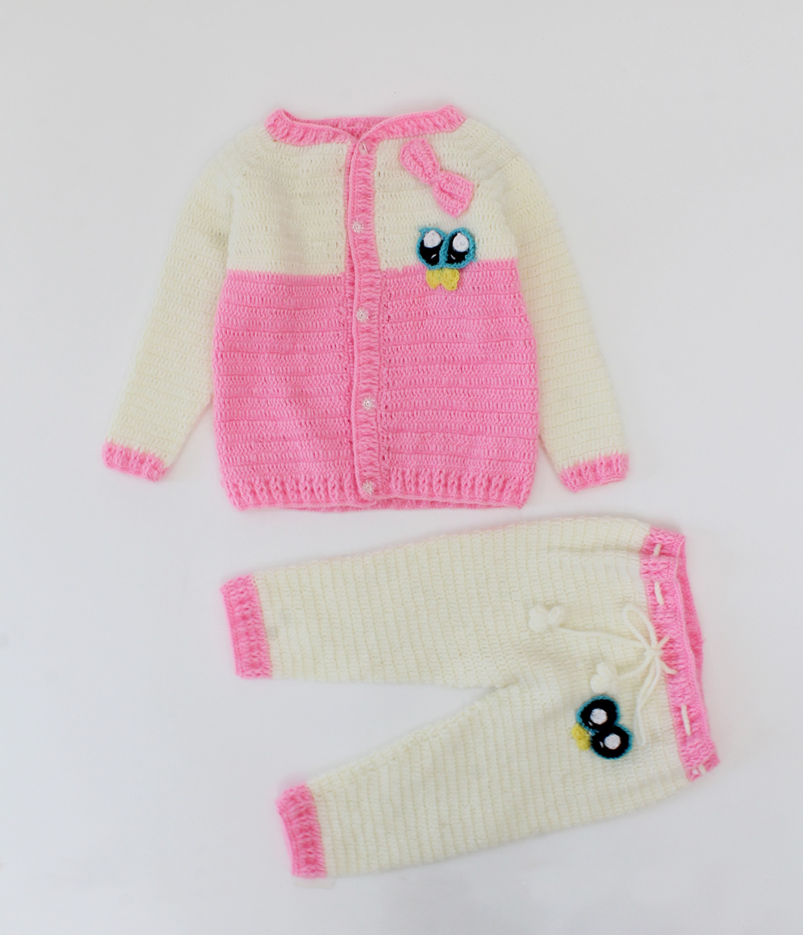 Woonie Handmade Crochet Bow Detailing Dual Colour Sweater With Drawstring Detail Bottom- Pink