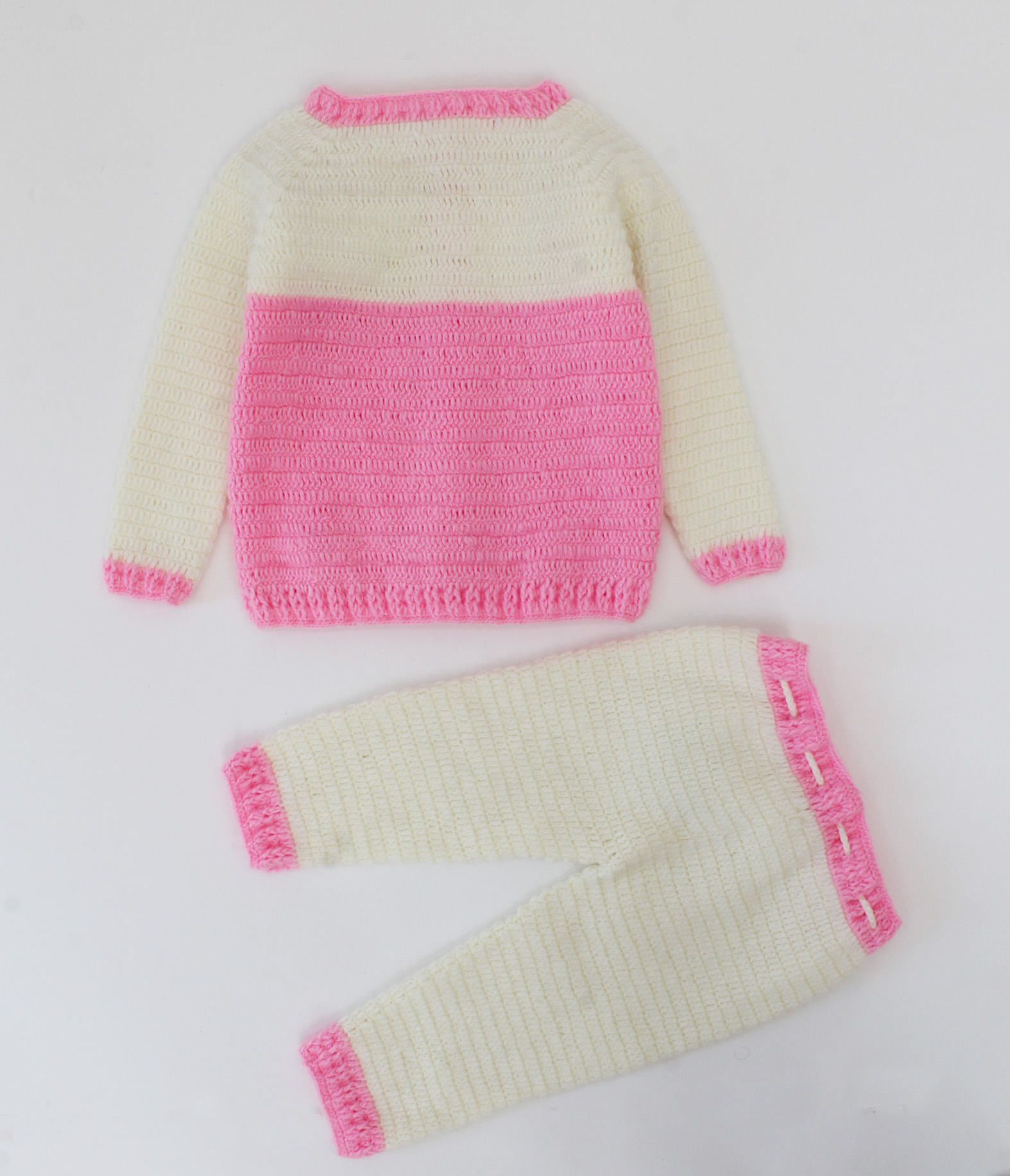 Woonie Handmade Crochet Bow Detailing Dual Colour Sweater With Drawstring Detail Bottom- Pink