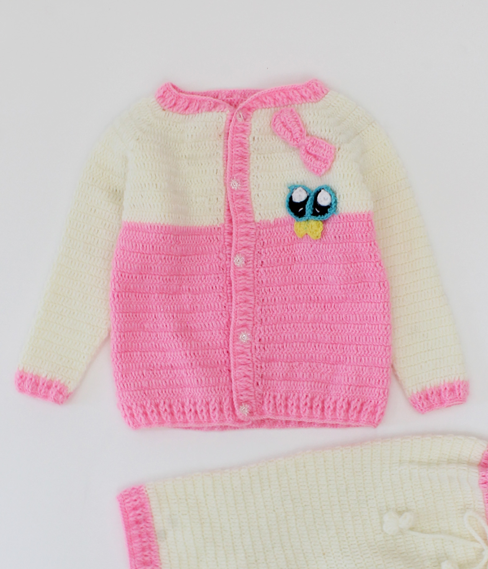 Woonie Handmade Crochet Bow Detailing Dual Colour Sweater With Drawstring Detail Bottom- Pink