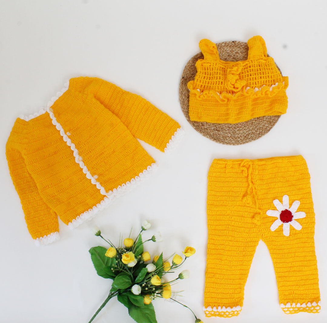 Handmade Crochet Full Sleeves 3Pc Set With Crop Top Front Openable Sweater & Sunflower Applique Pant-Yellow