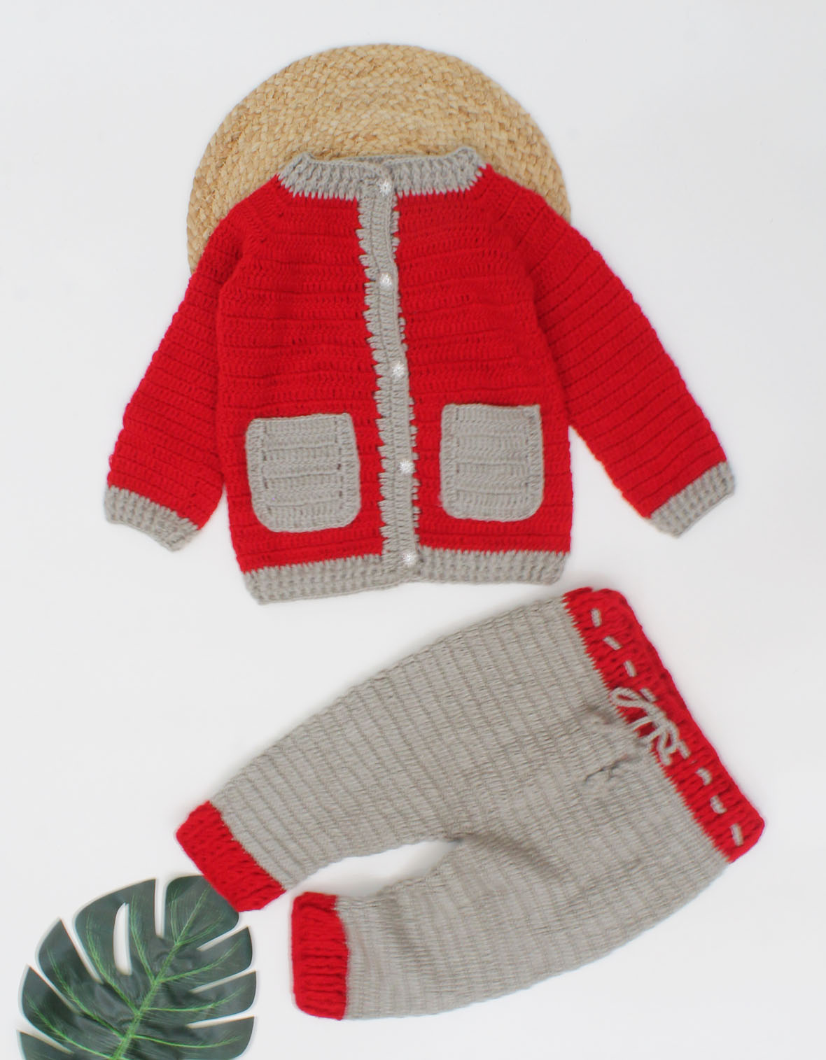 Woonie Full Sleeves Handmade Crochet Colourblocked Sweater With Drawstring Detail Bottom-Red & Grey