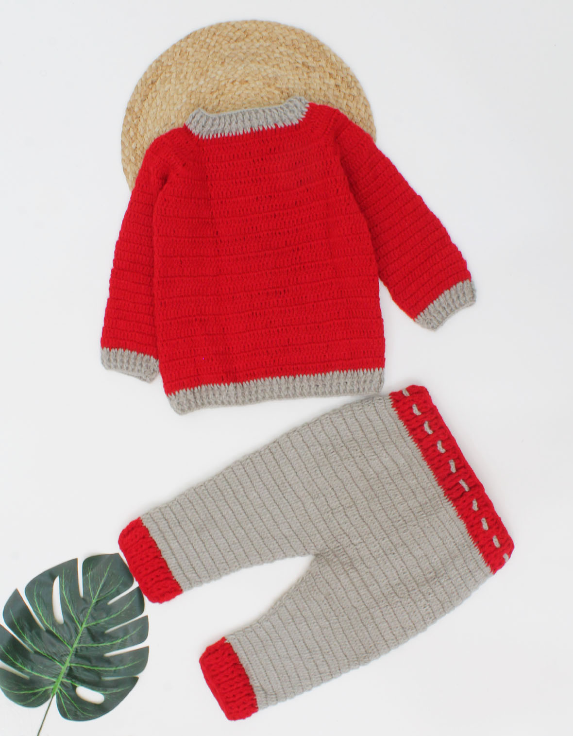Woonie Full Sleeves Handmade Crochet Colourblocked Sweater With Drawstring Detail Bottom-Red & Grey