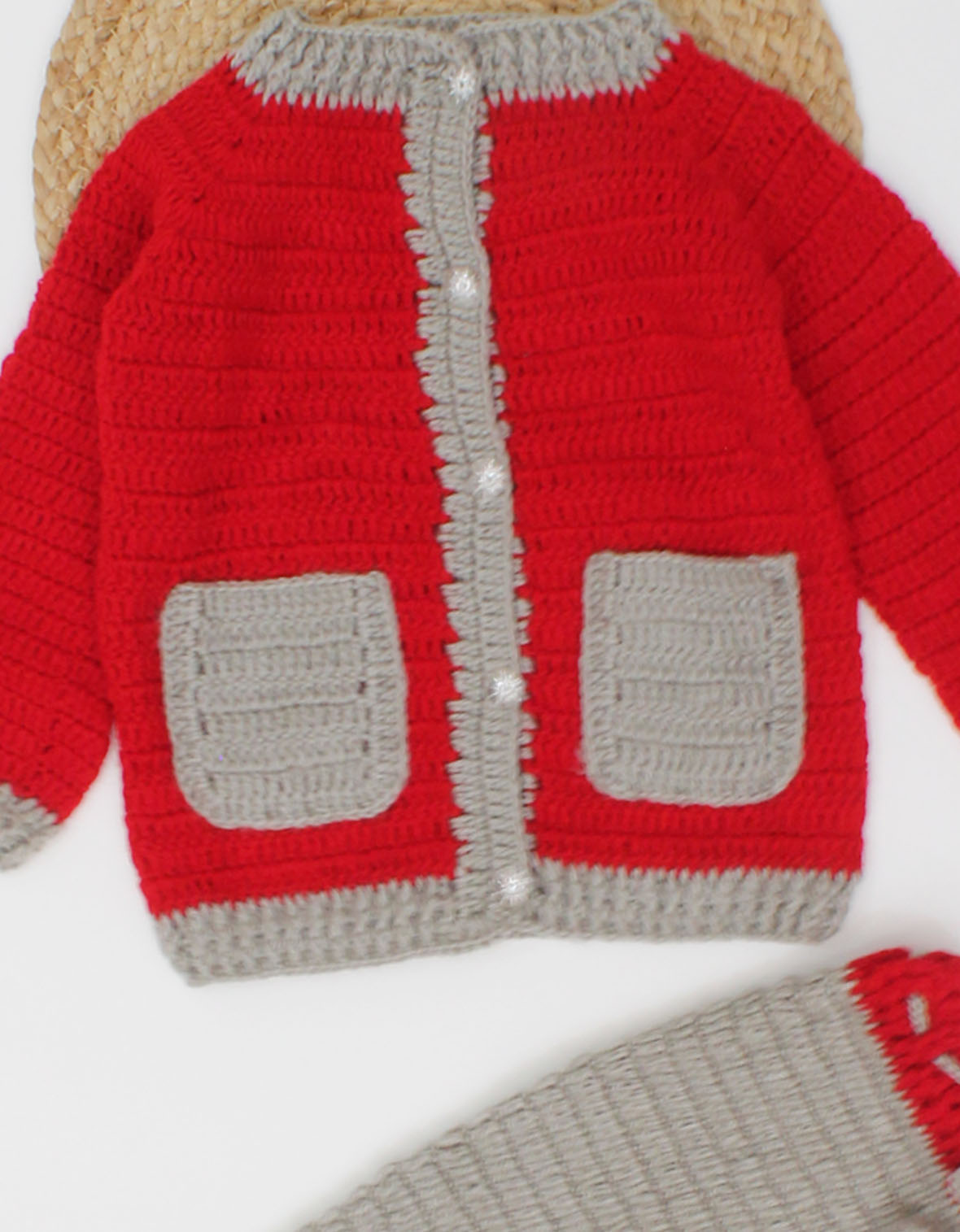 Woonie Full Sleeves Handmade Crochet Colourblocked Sweater With Drawstring Detail Bottom-Red & Grey