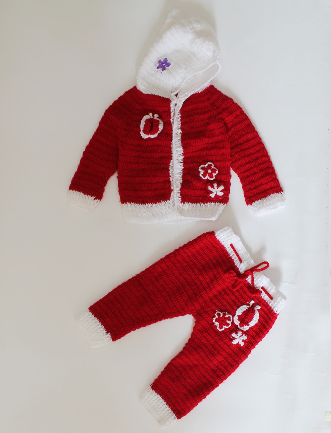 Woonie Full Sleeves Handmade Crochet Floral Hooded Sweater With Drawstring Detail Bottom-Red