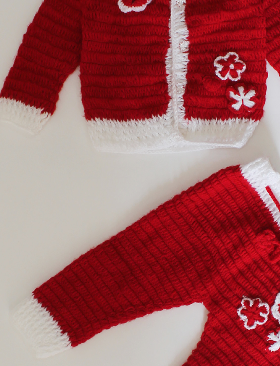Woonie Full Sleeves Handmade Crochet Floral Hooded Sweater With Drawstring Detail Bottom-Red