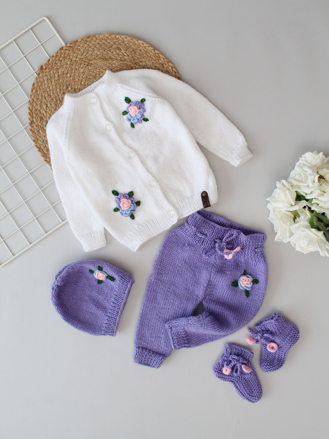 Woonie Front Open Sweater & Pants Set with cap & socks-White