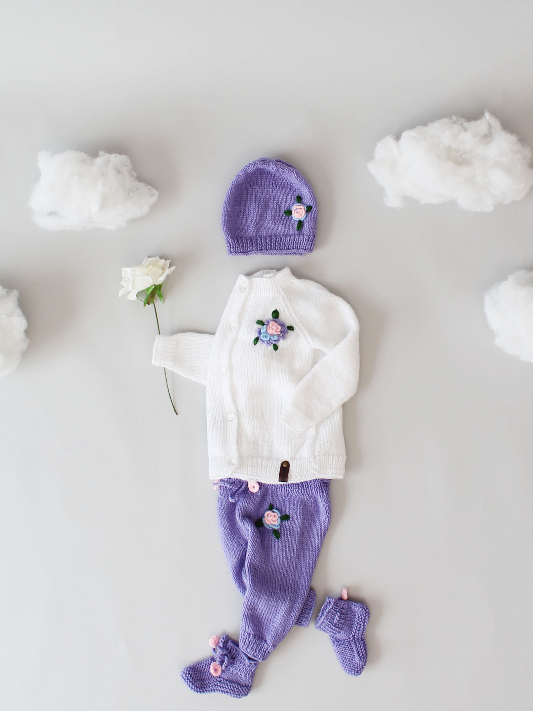 Woonie Front Open Sweater & Pants Set with cap & socks-White