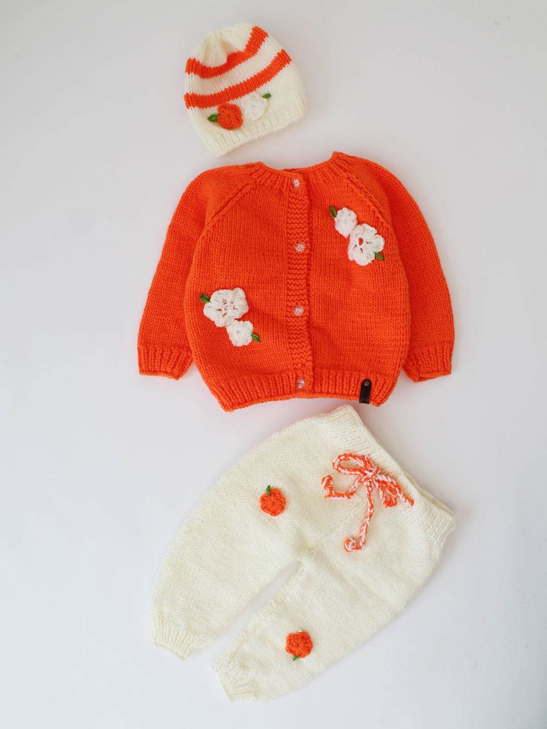 Woonie Handknitted Floral Sweater Set with Cap - Orange
