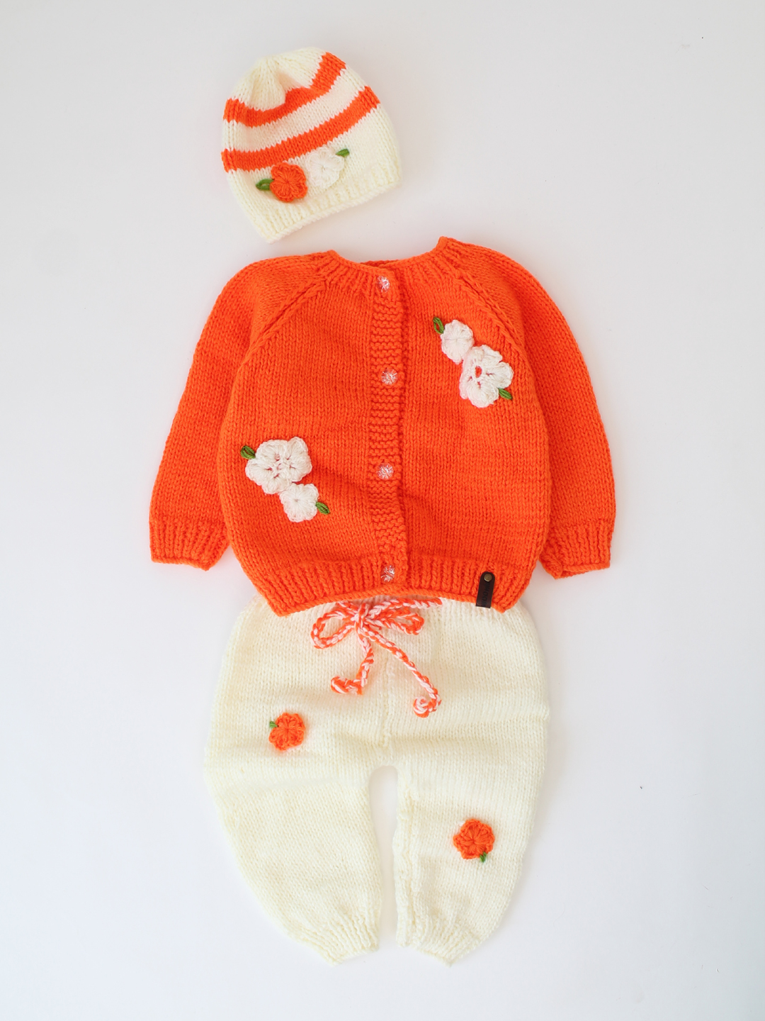 Woonie Handknitted Floral Sweater Set with Cap - Orange